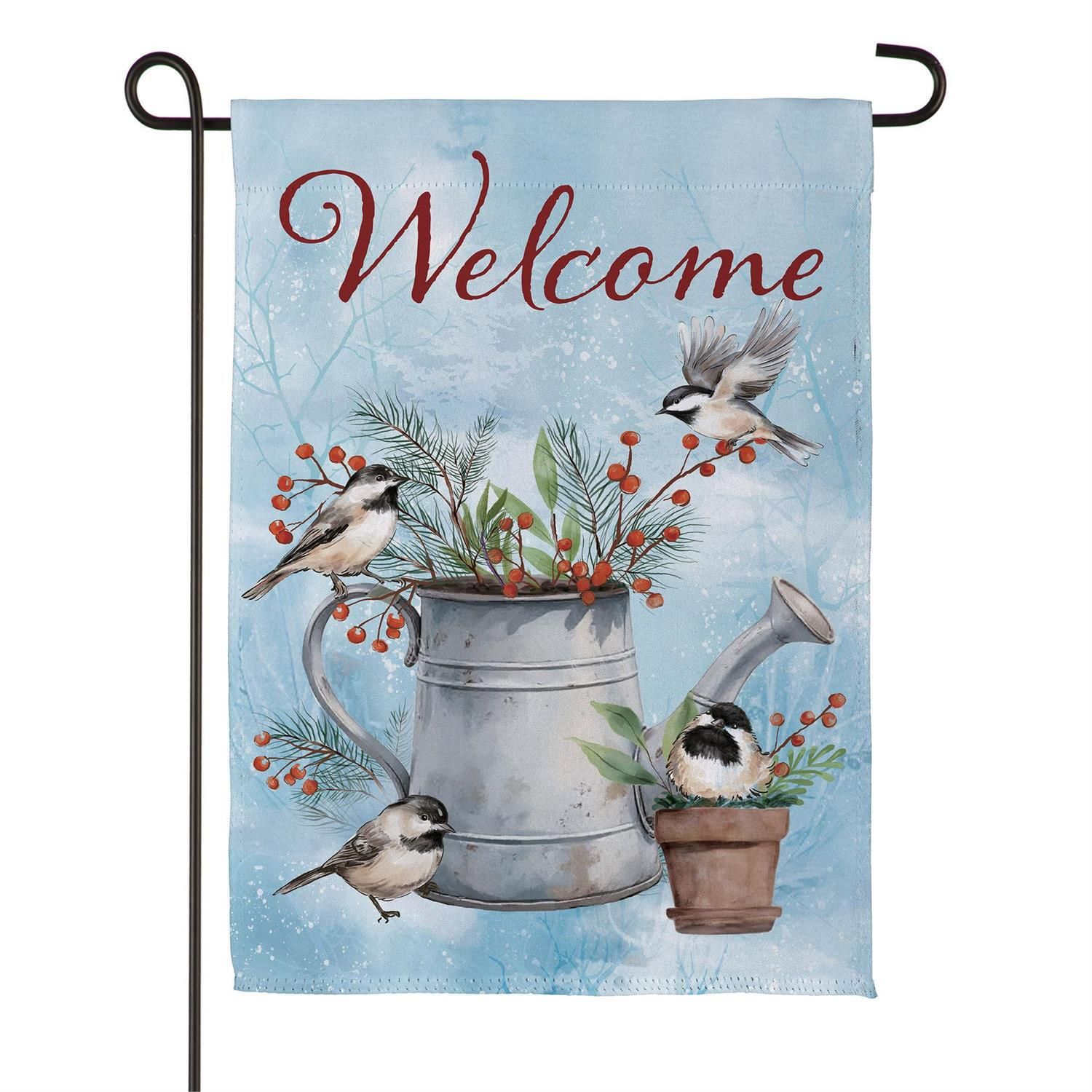 Suede Garden Flag - Snowbirds Chickadee Watering Can