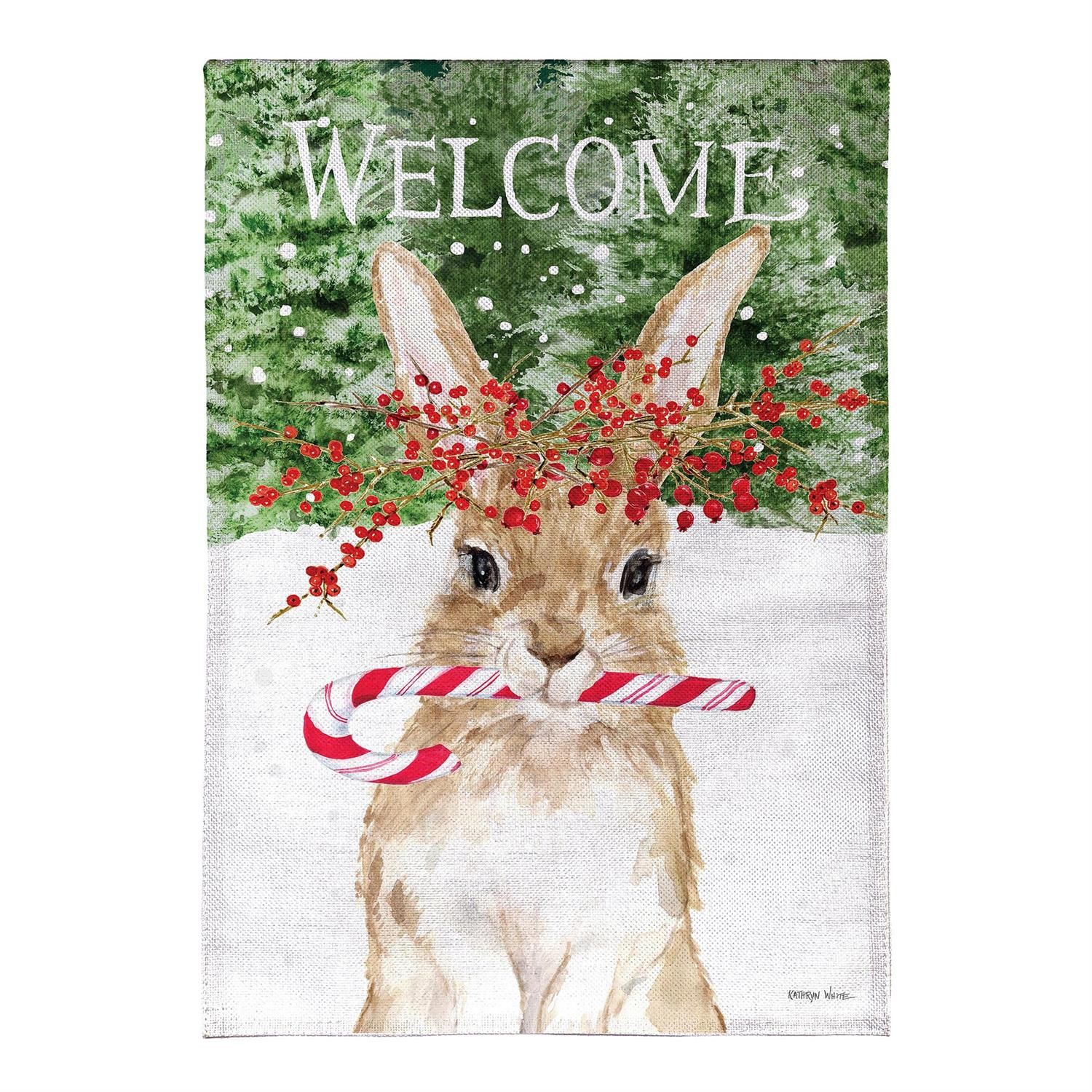 Burlap House Flag - Candy Cane Rabbit