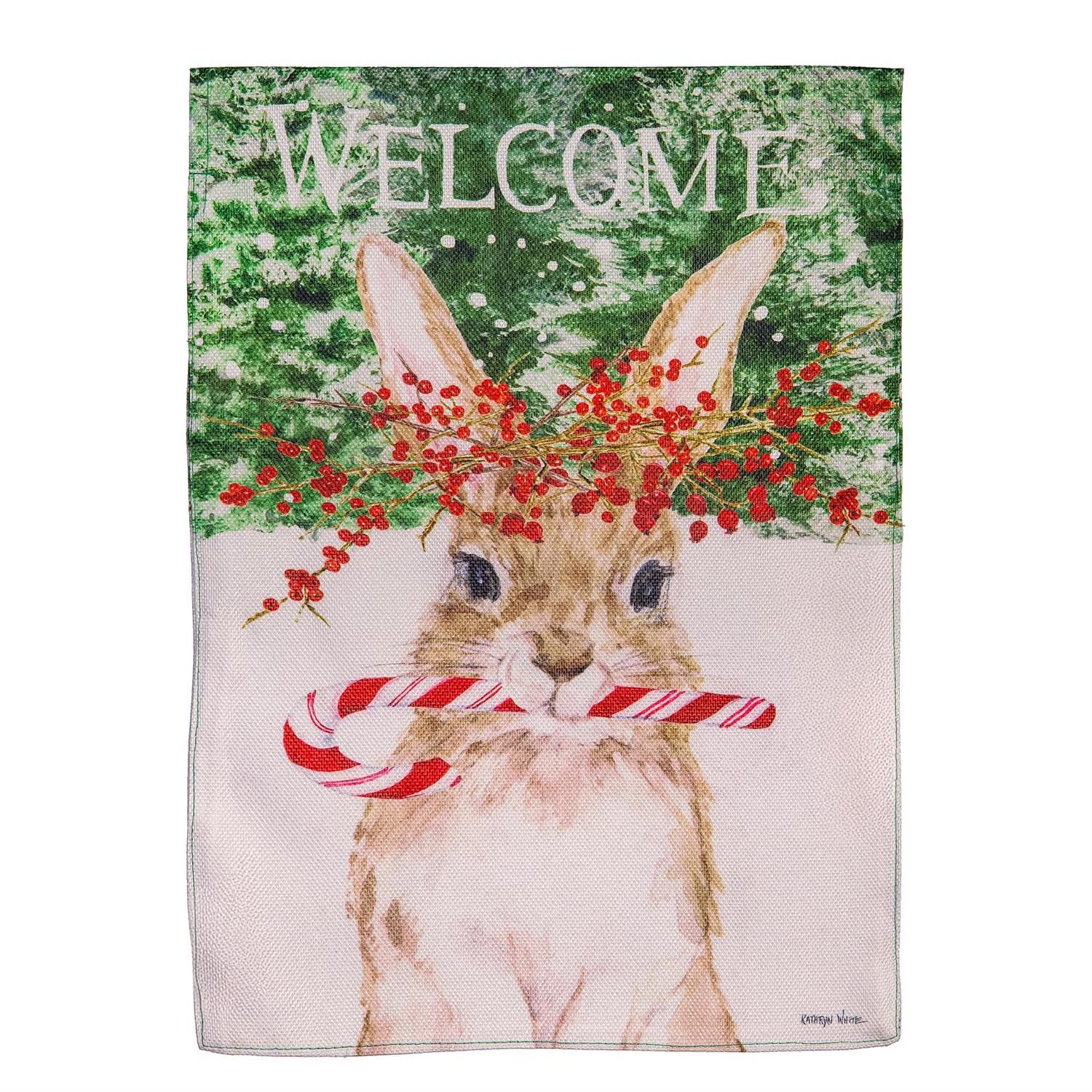 Burlap Garden Flag- Candy Cane Rabbit