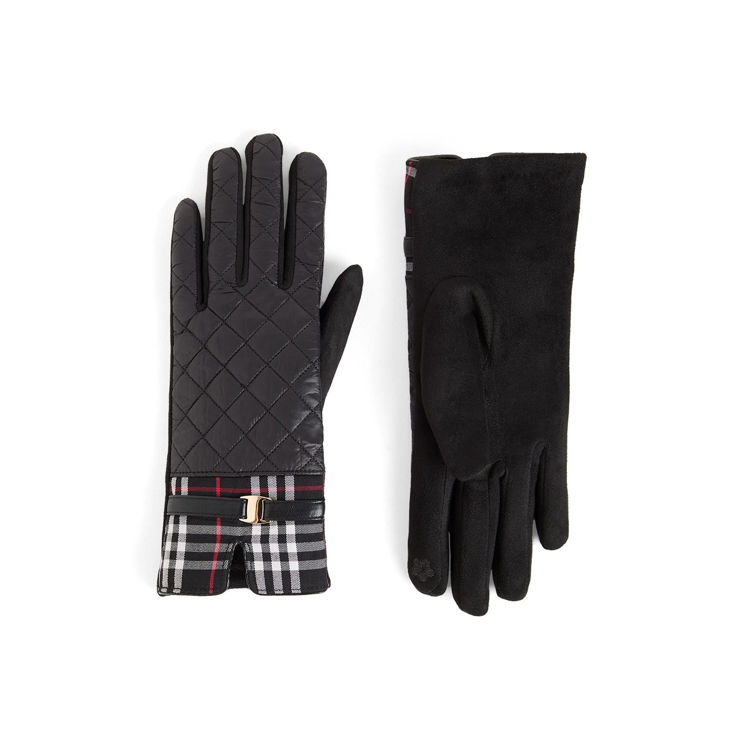 Plaid Puffer Touchscreen Gloves - Black