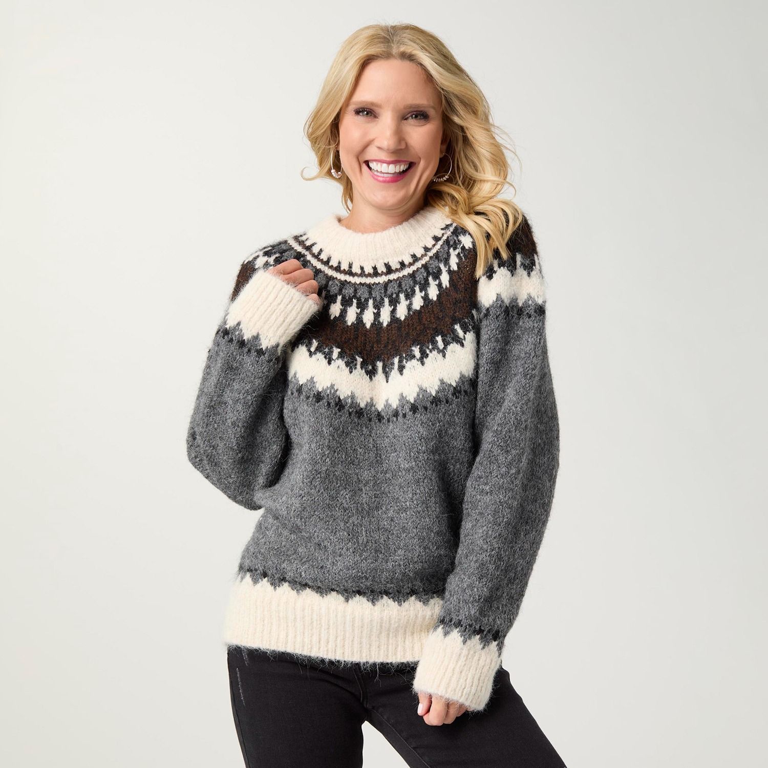 Perissa Heavy Mock Neck Sweater, Color: Grey/Mocha/Cream, Size: Small/Medium