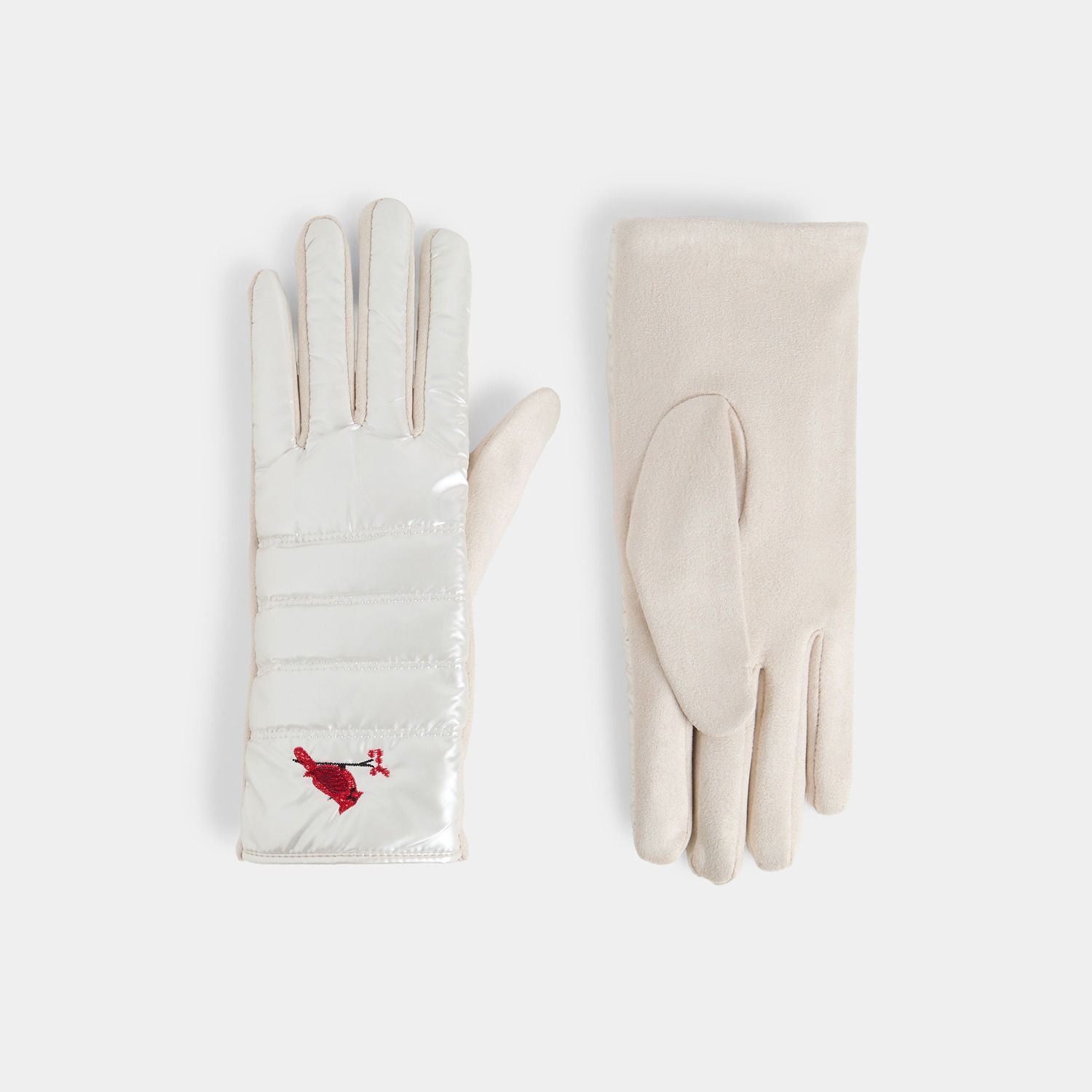 Embroidered Cardinal Puffer Gloves - White