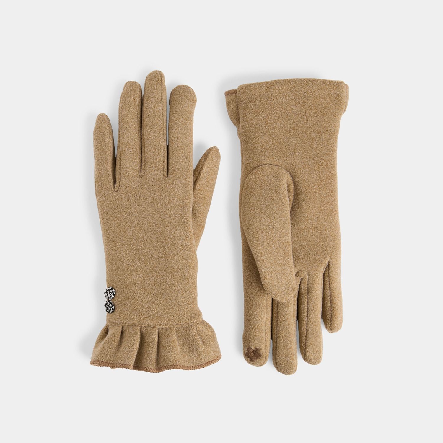 Houndstooth Button Touchscreen Gloves - Tan