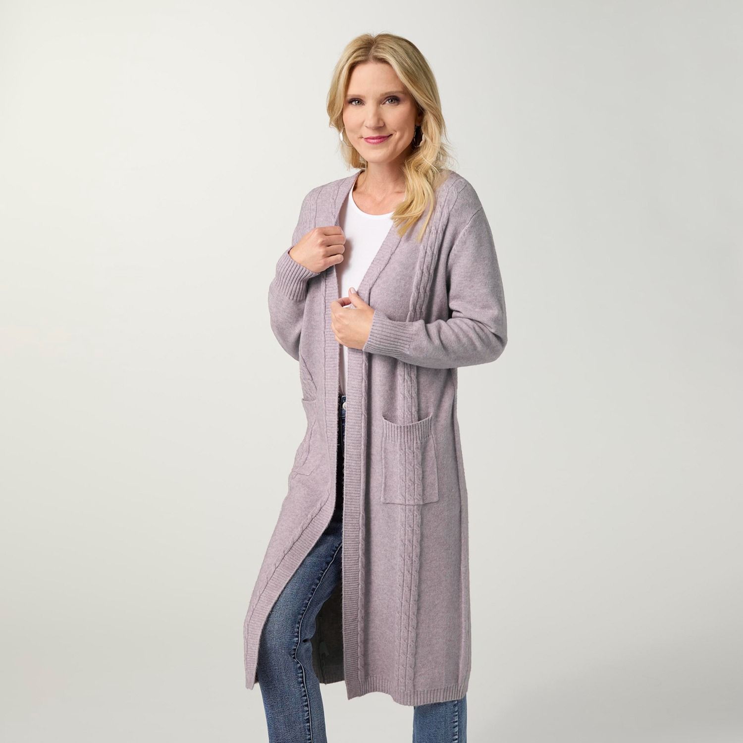 Heavenly-Luxe Cable Knit Duster Cardigan, Color: Lavender Heather, Size: Small/Medium