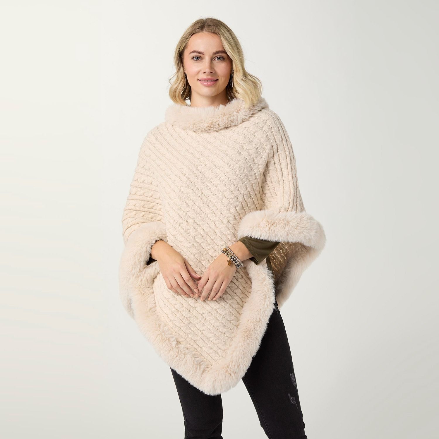 Modena Poncho With Faux Fur Trim - Oatmeal
