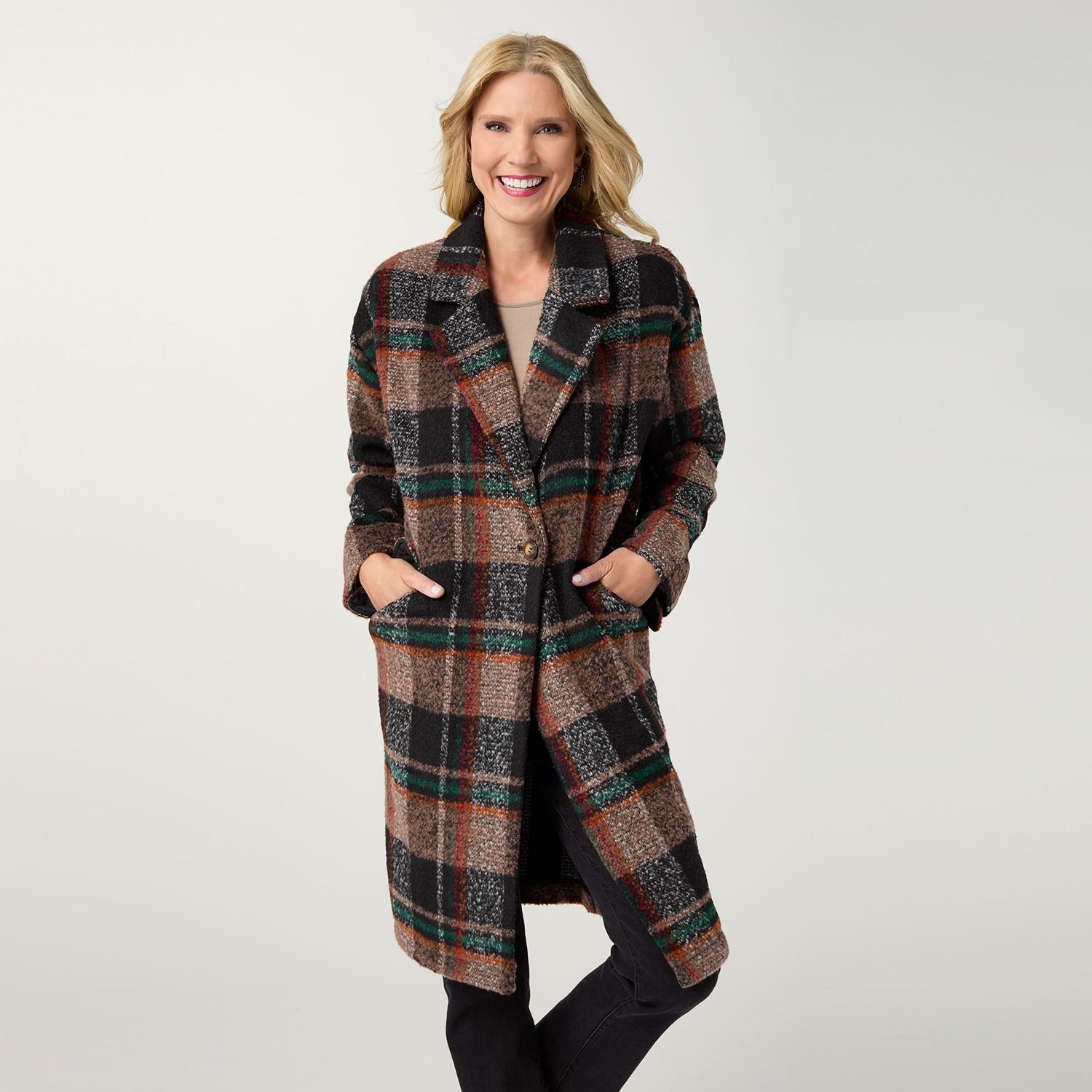 Kiley Plaid Single Button Coat, Color: Black/Autumn, Size: Small/Medium