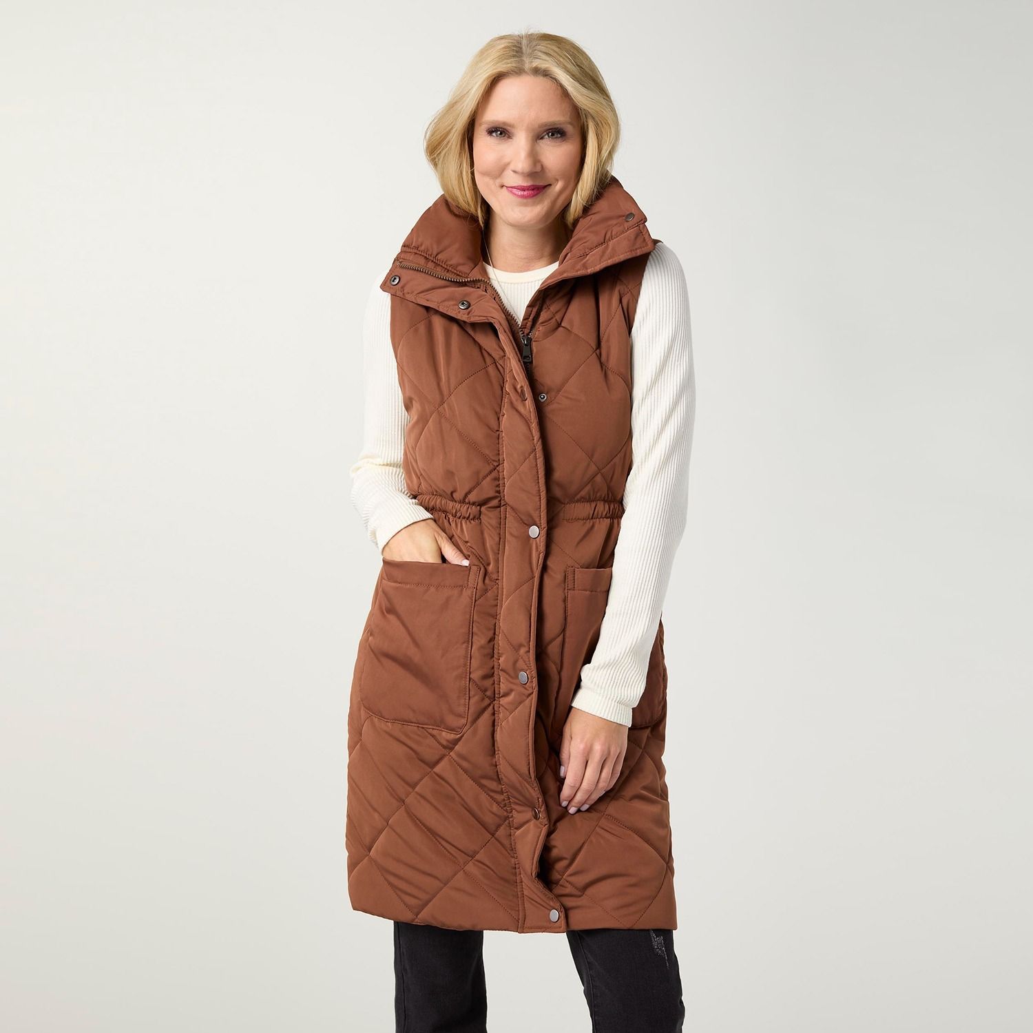 Carsyn Puffer Vest w/ Cinched Waist, Color: Cinnamon, Size: Small/Medium