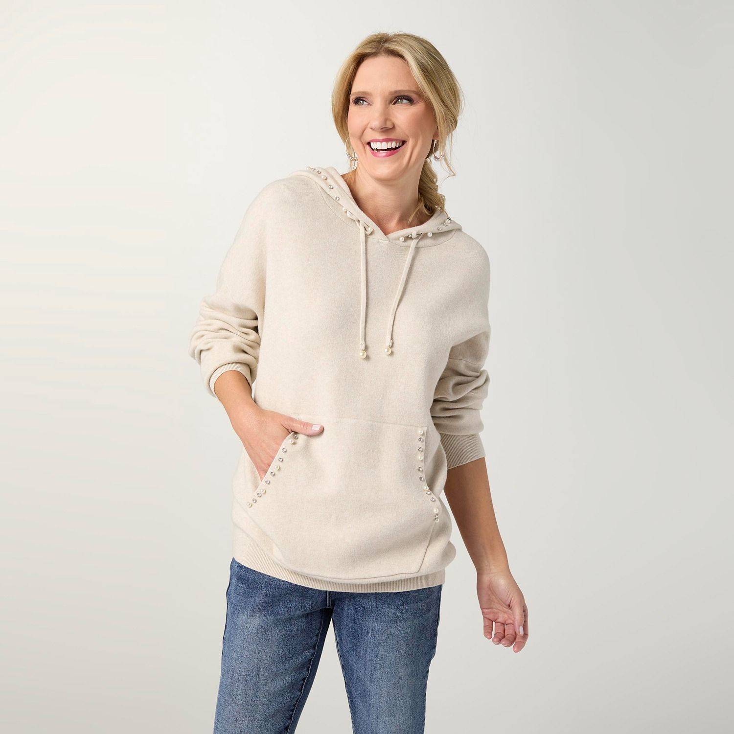 Heavenly-Luxe Embellished Hooded Sweater, Color: Oatmeal, Size: Small/Medium