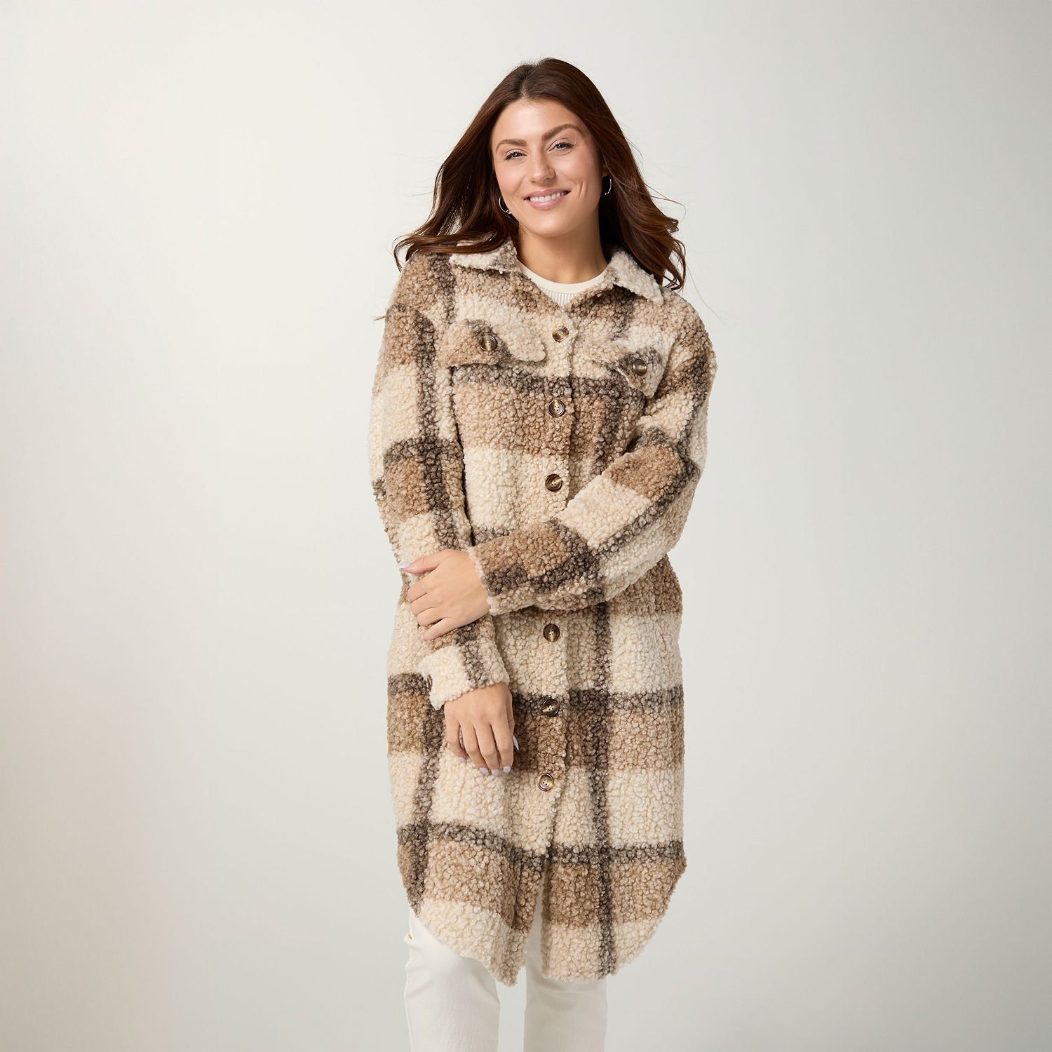 Joey Long Plaid Sherpa Jacket, Color: Cement/Mushroom, Size: Small/Medium