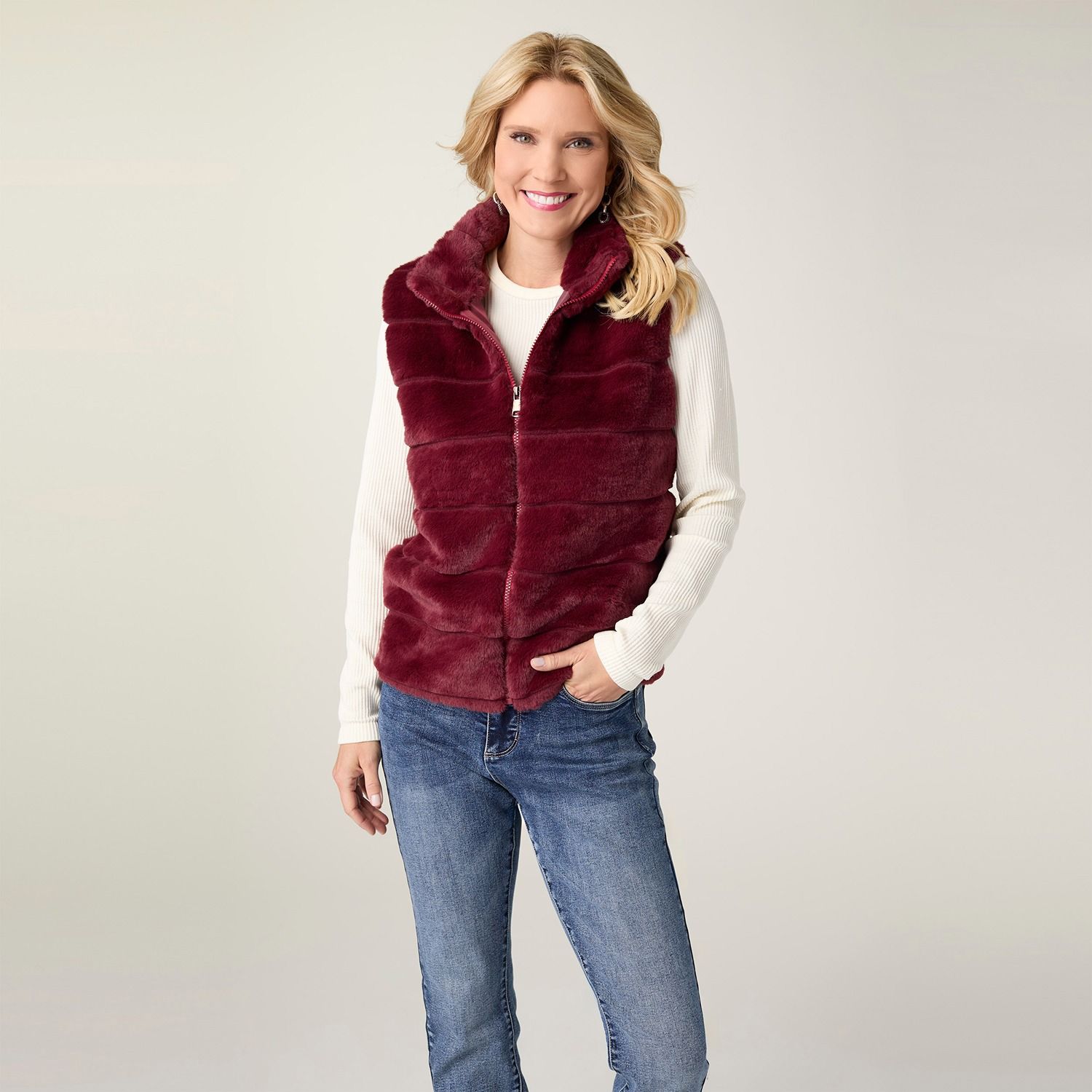 Charlaine Faux Fur Vest w/ Pockets, Color: Rich Wine, Size: Small/Medium