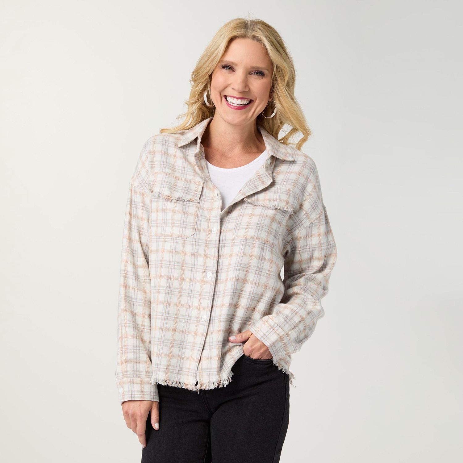 Sackett Lightweight Flannel Shirt w/ Finge, Color: Cream/Rust/Dusty Blue, Size: Small/Medium