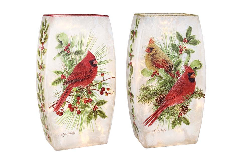 Pre-Lit Medium Glass Vase - 4.5" X 2.4" X 7.8" - Cardinals On Greens - 2 Styles - Sold Individually