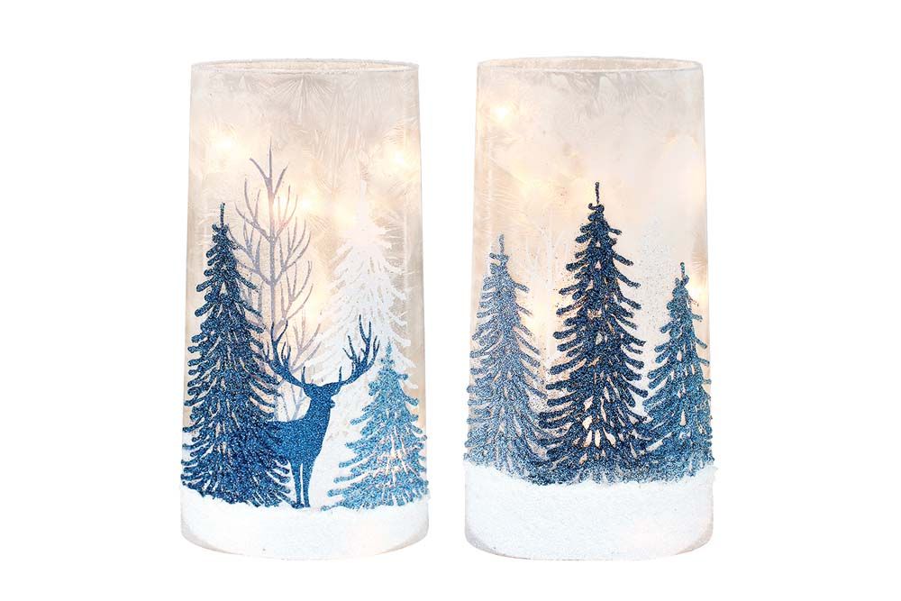 Pre-Lit Glass Vase - 5.5" X 2.25" X 10" - Winter Blue Forest - 2 Styles - Sold Individually