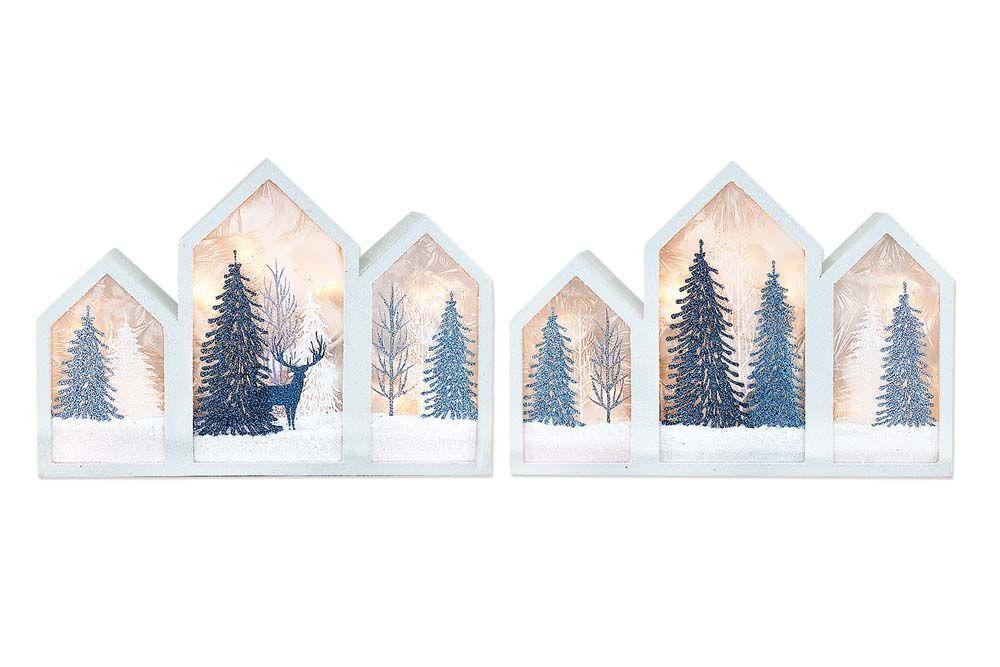 Pre-Lit 3 Glass Panel Decor - 12" X 2.5" X 8.5" - Winter Blue Forest - 2 Styles - Sold Individually