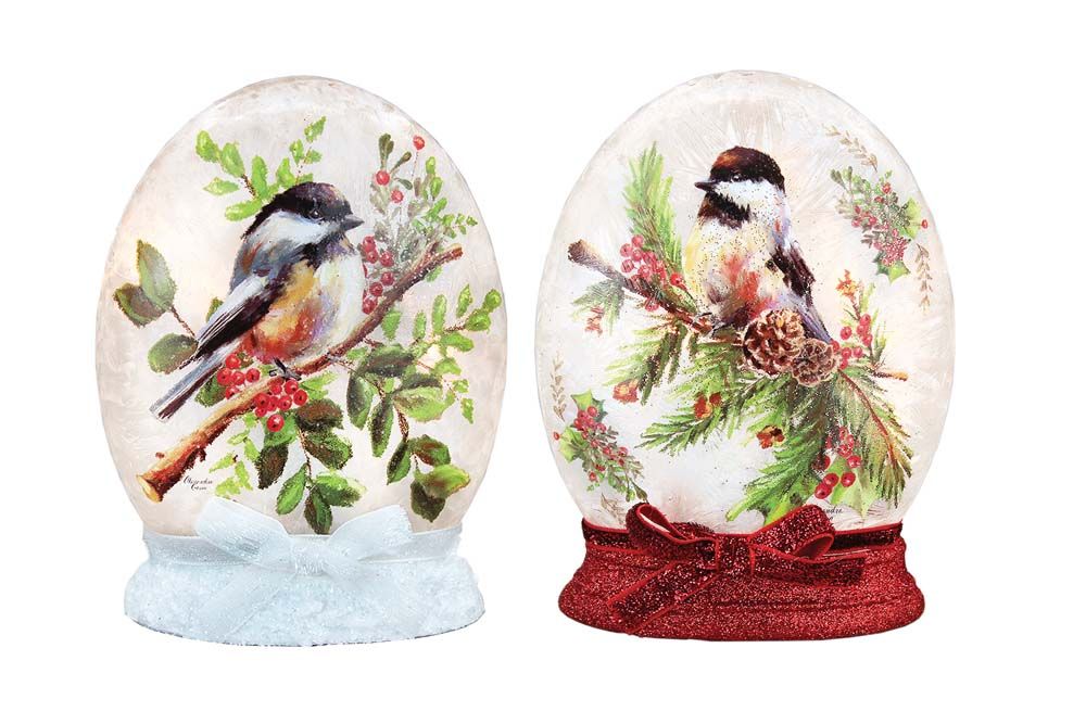 Small Pre-Lit Oval Orb w/ Base - 4.5" X 2" X 5.5" - Chickadees - 2 Styles - Sold Individually