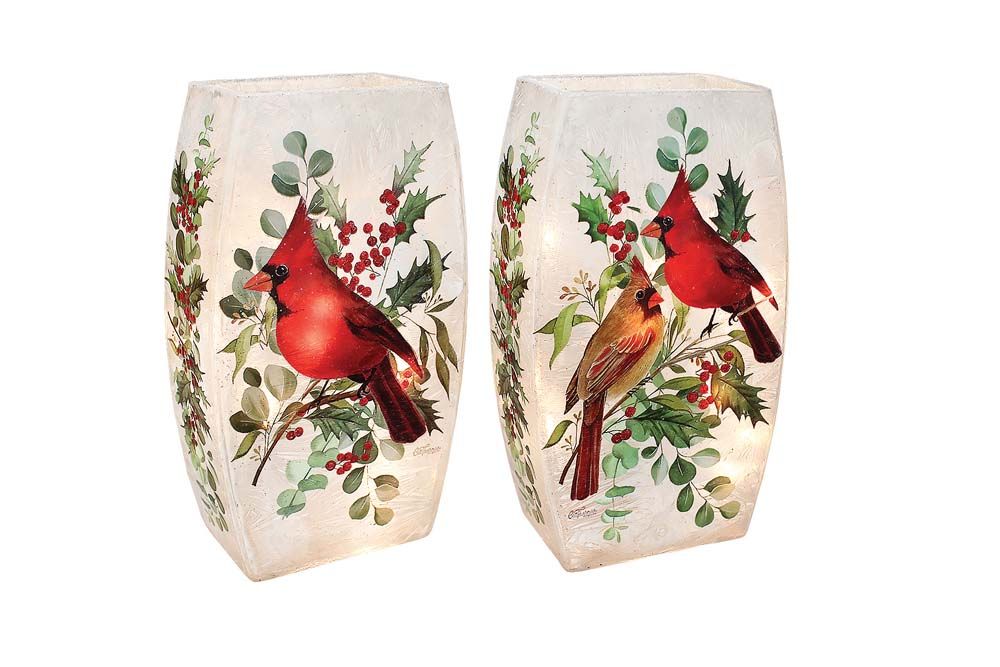 Pre-Lit Medium Glass Vase - 4.5" X 2.4" X 7.8" - Cardinal Christmas - 2 Styles - Sold Individually
