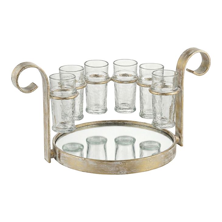 Shot Glasses w/ Serving Mirror - Set of 7 - Gold