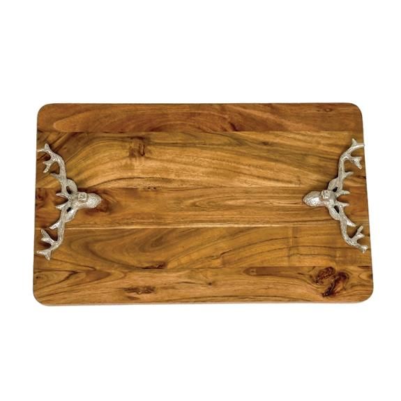 Reindeer Handle Wood Tray - 14" X 24.75" - Silver