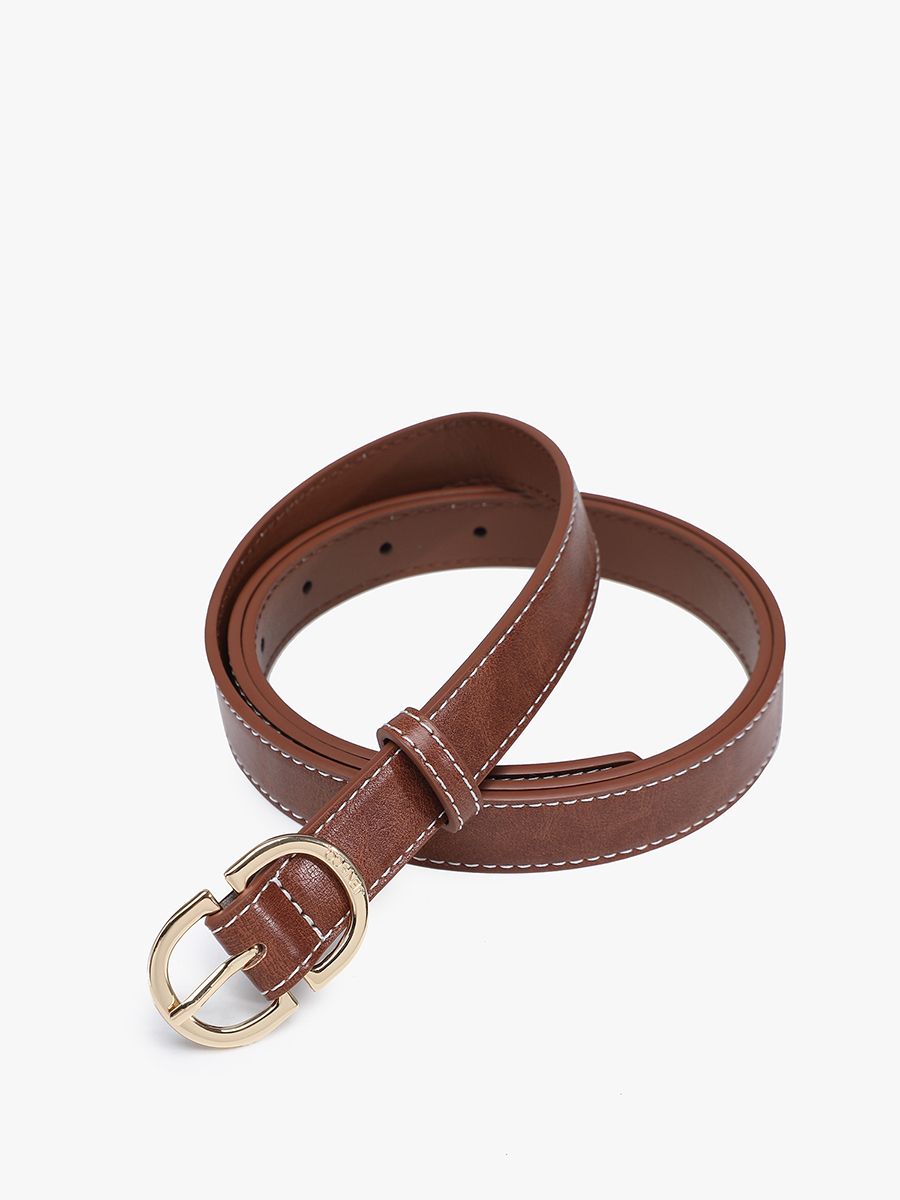 Contrast Stitch Slim Belt w/ Textured Buckle, Color: Brown, Size: Small