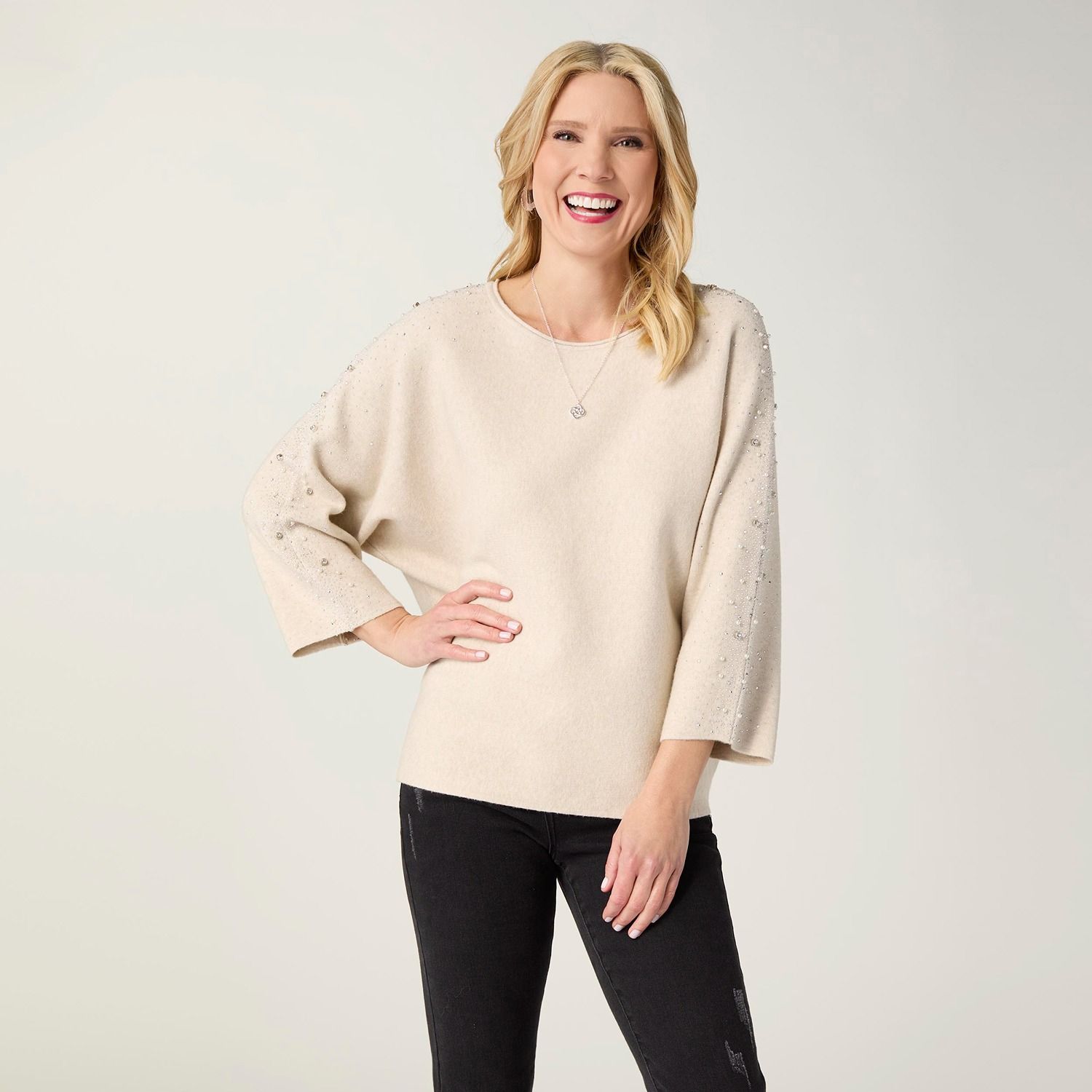 Heavenly-Luxe Dolman Sweater w/ Rhinestones, Color: Oatmeal, Size: Small/Medium