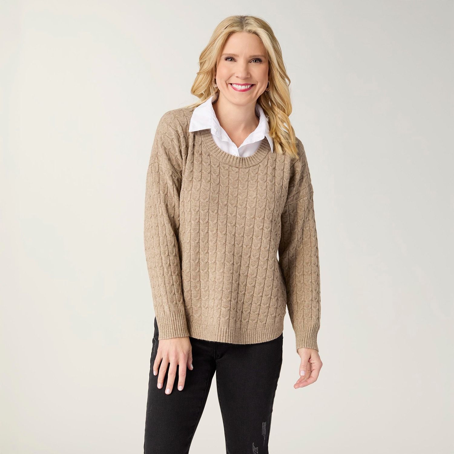 Heavenly-Luxe Cable Knit Sweater w/ Woven Collar, Color: Beige Heather, Size: Small/Medium