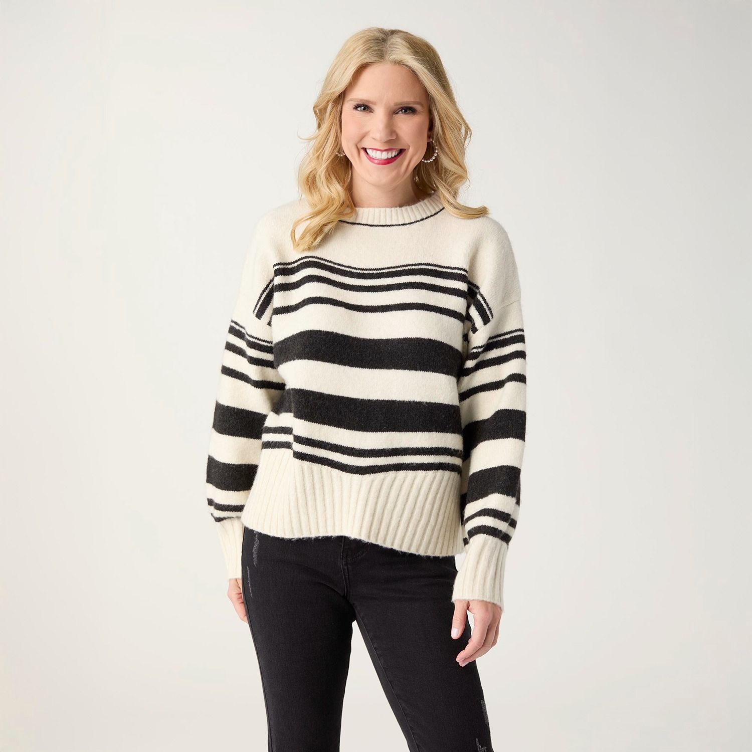 Paige Striped Pullover Sweater, Color: Winter White, Size: Small/Medium