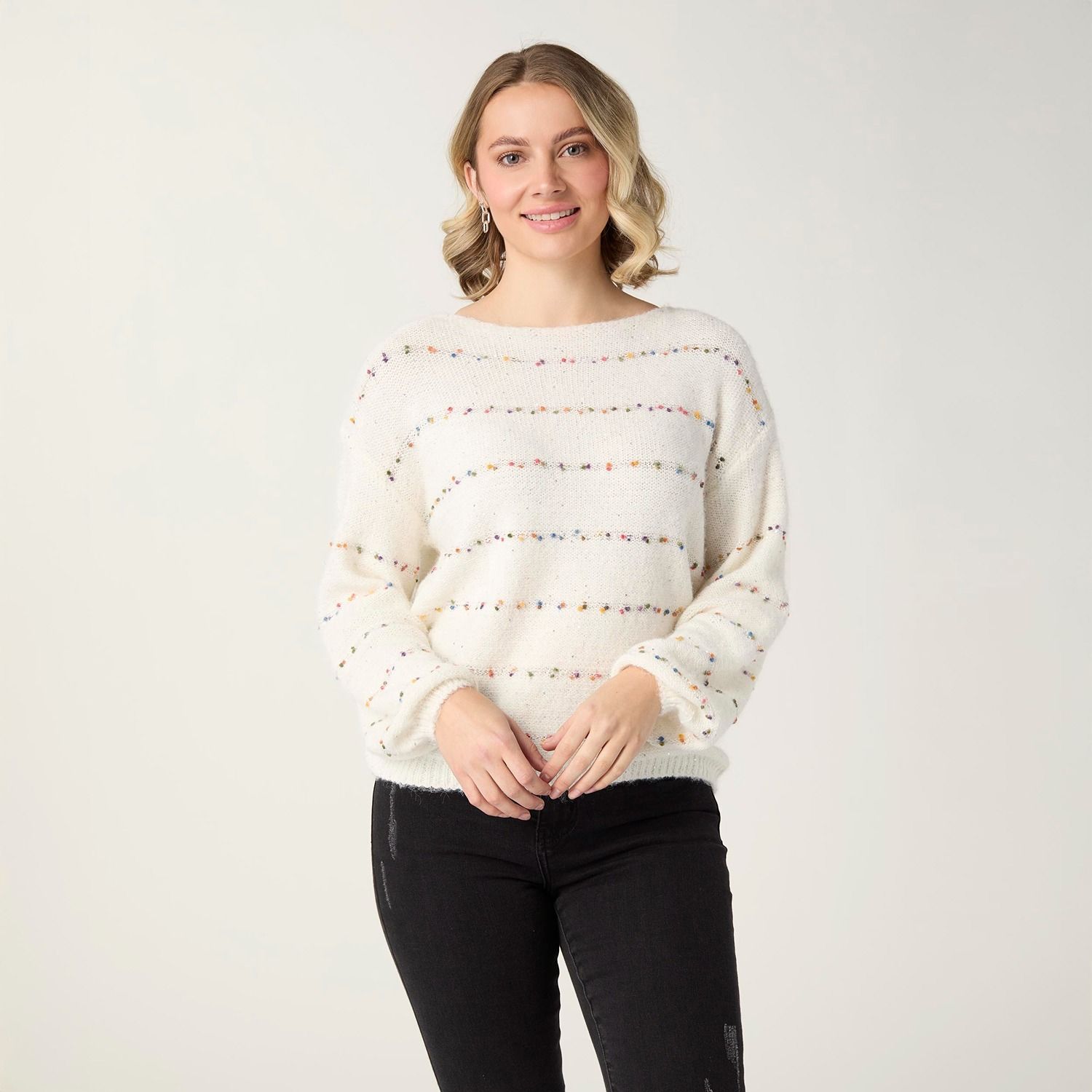 Bonnie Sequin Mini-Pom Boatneck Sweater, Color: Winter White, Size: Small/Medium