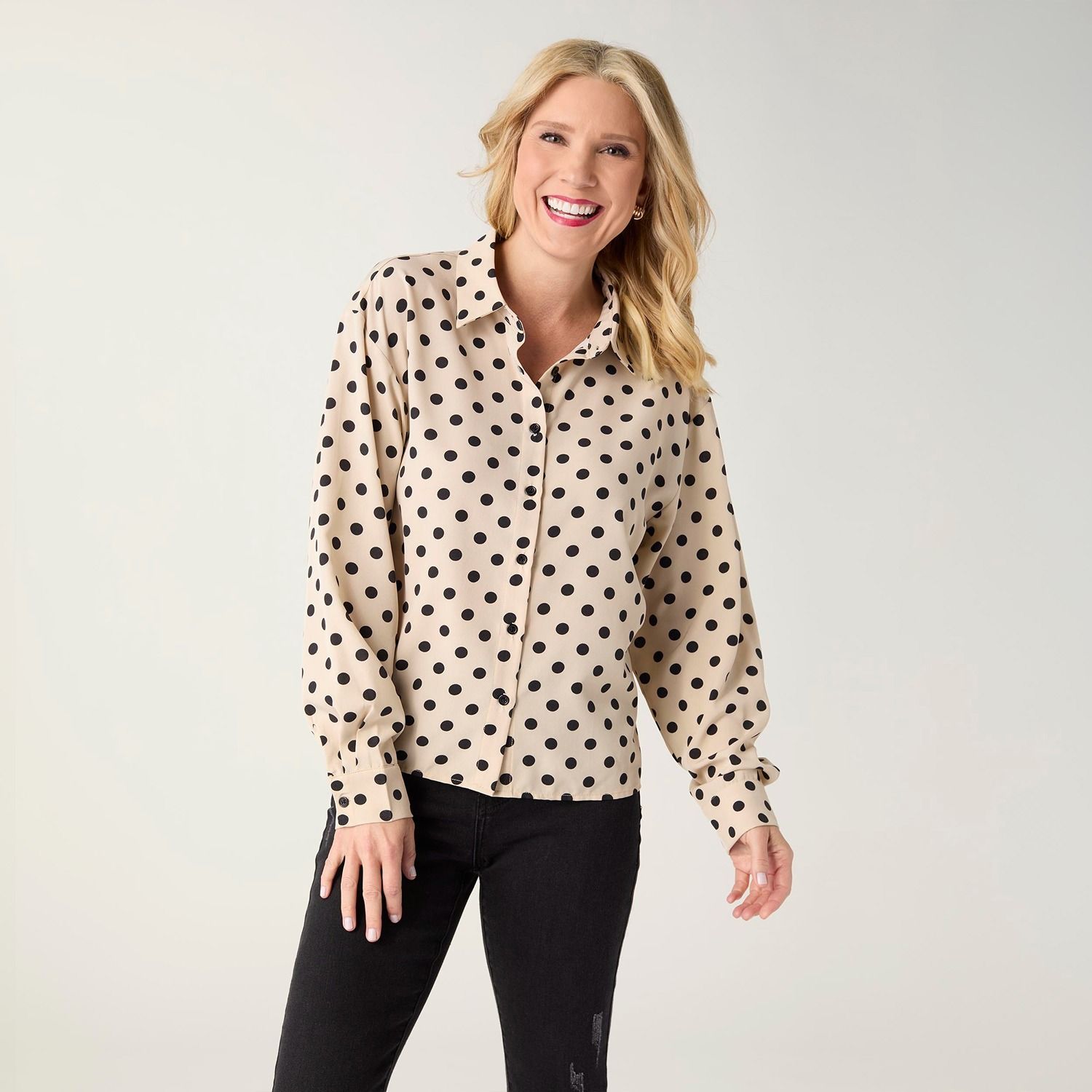 Laura Dot Print Collared Blouse, Color: Cream/Black, Size: Small/Medium