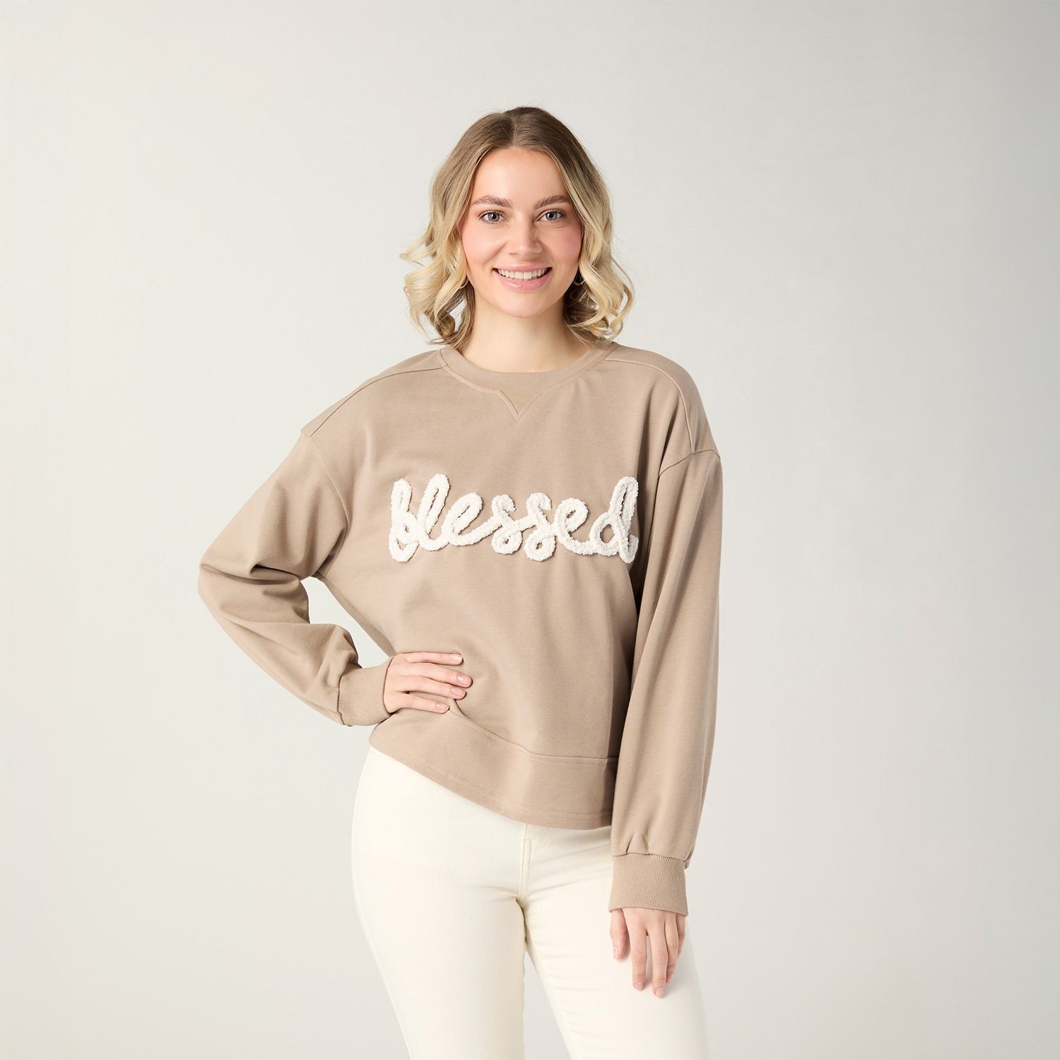 Blessed Sweatshirt, Color: Taupe, Size: Small/Medium