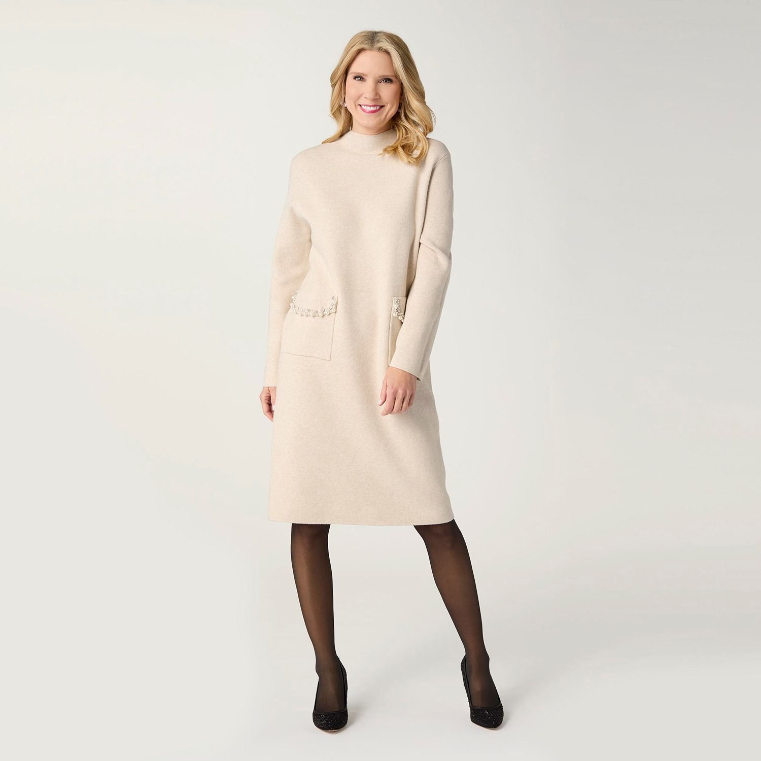 Heavenly-Luxe Dress w/ Embellished Pockets, Color: Oatmeal, Size: Small/Medium