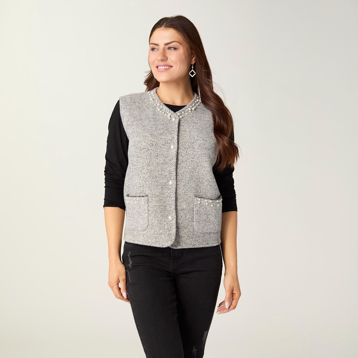 Alana Metallic Vest w/ Faux Pearls, Color: Grey, Size: Small/Medium