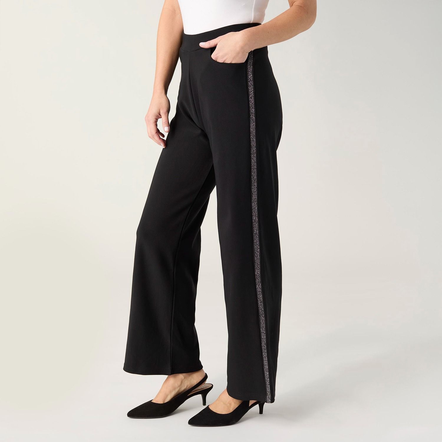 Georgie Wide Leg Pants w/ Sparkle Stripe, Color: Black, Size: Small/Medium