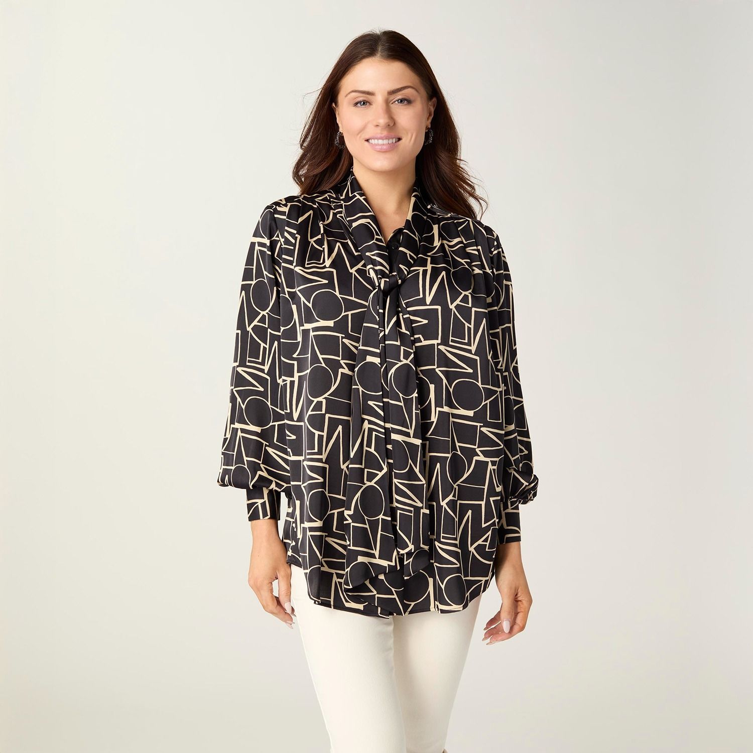 Viviana Tie Neck Blouse, Color: Black/Cream, Size: Small/Medium