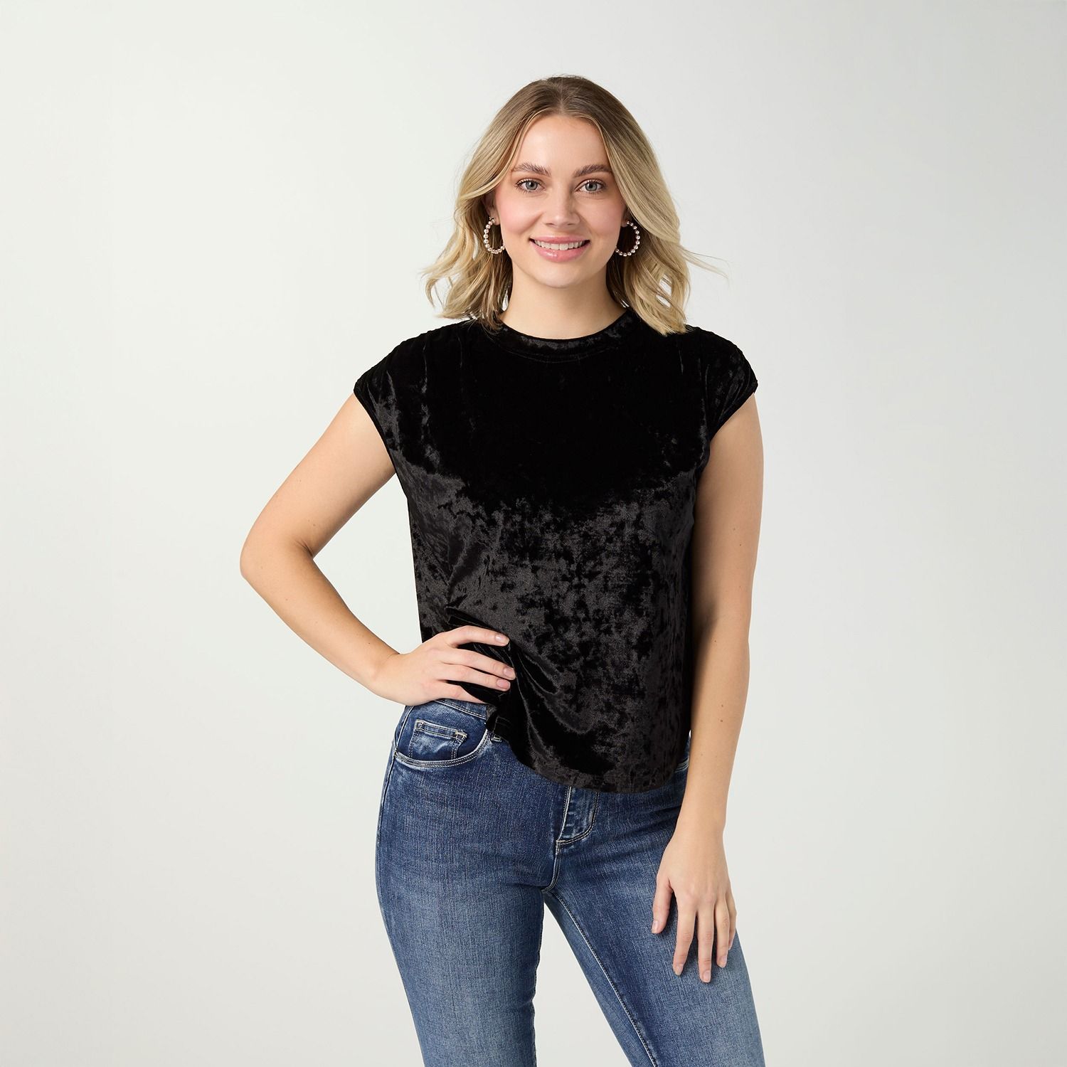 Lorelai Crushed Velour Cap Sleeve Top, Color: Black, Size: Small/Medium