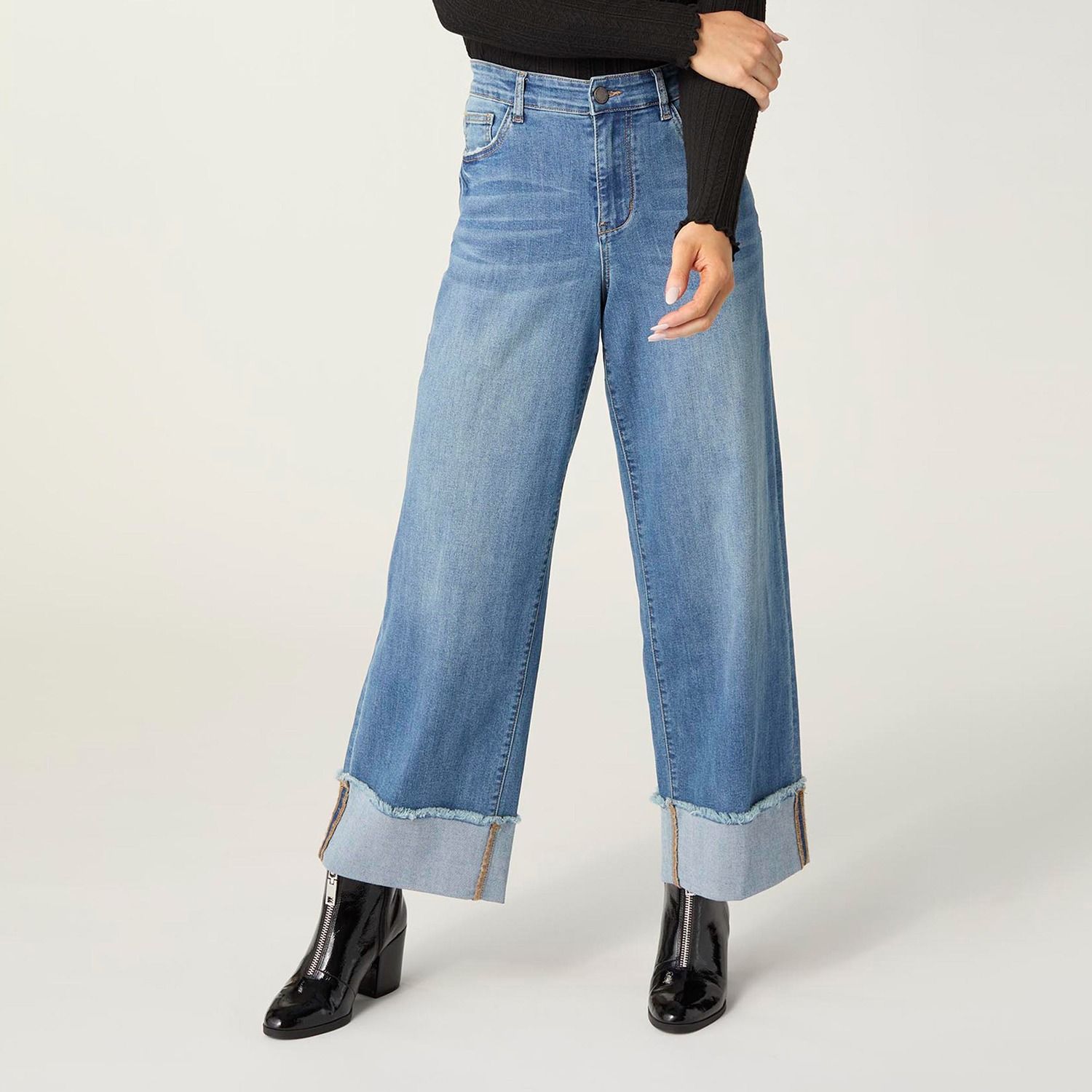 Bambu Soft Wide Ankle Jeans w/ Cuff, Color: Medium Denim, Size: Small