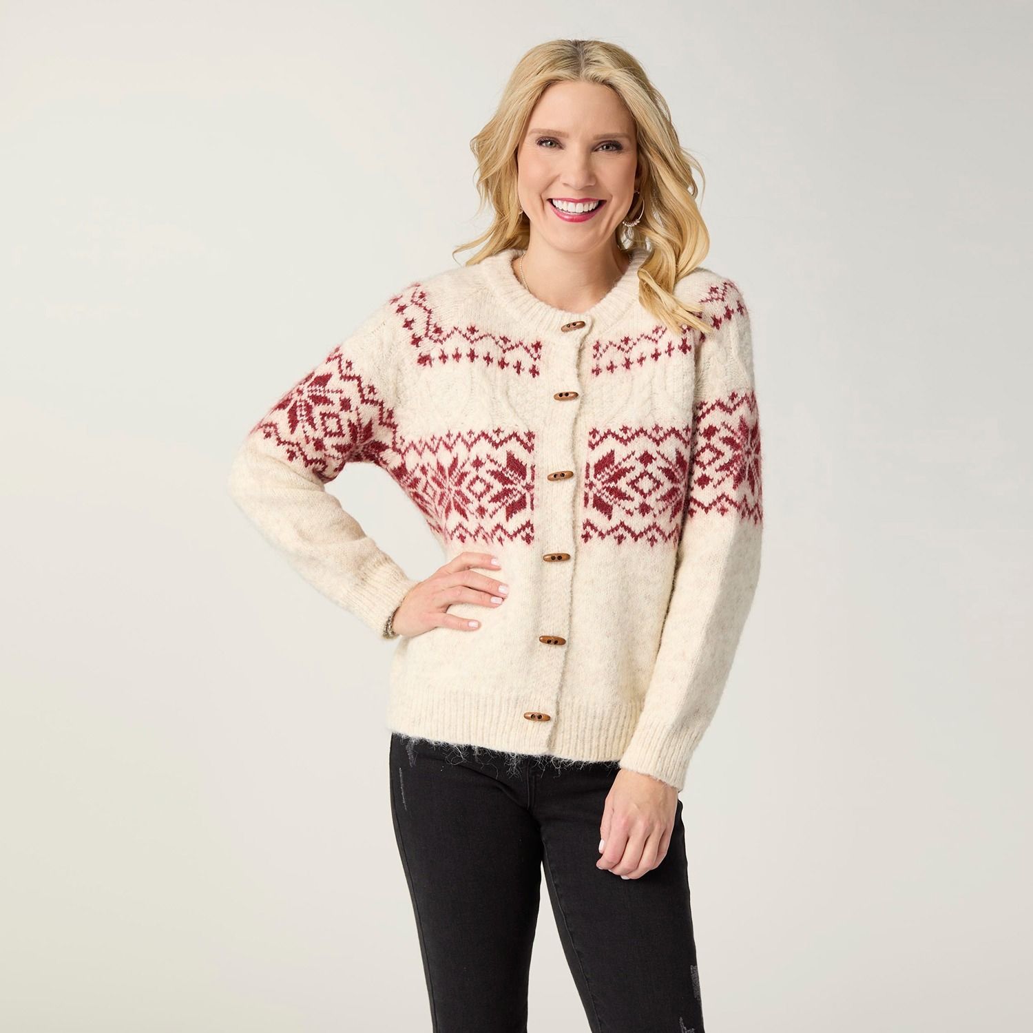 Maalin Fair Isle Cardigan w/ Toggle Buttons, Color: Winter White, Size: Small/Medium