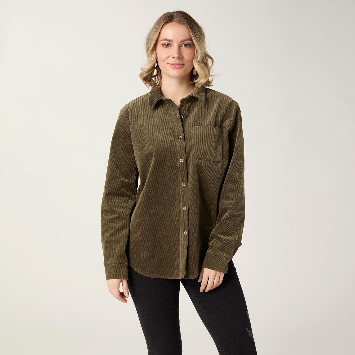 Aubree Corduroy Button Front Collared Shirt, Color: Olive, Size: Small/Medium