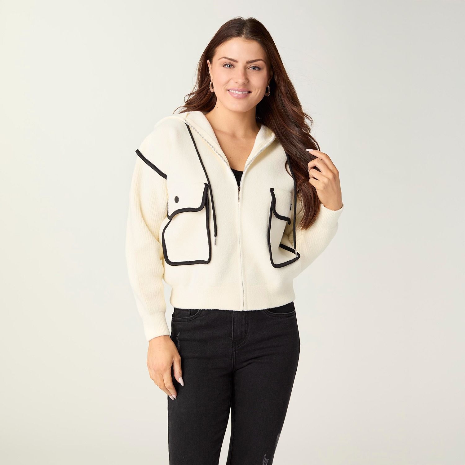 Malia Zip Front Hoodie w/ Piped Trim, Color: Ivory, Size: Small/Medium