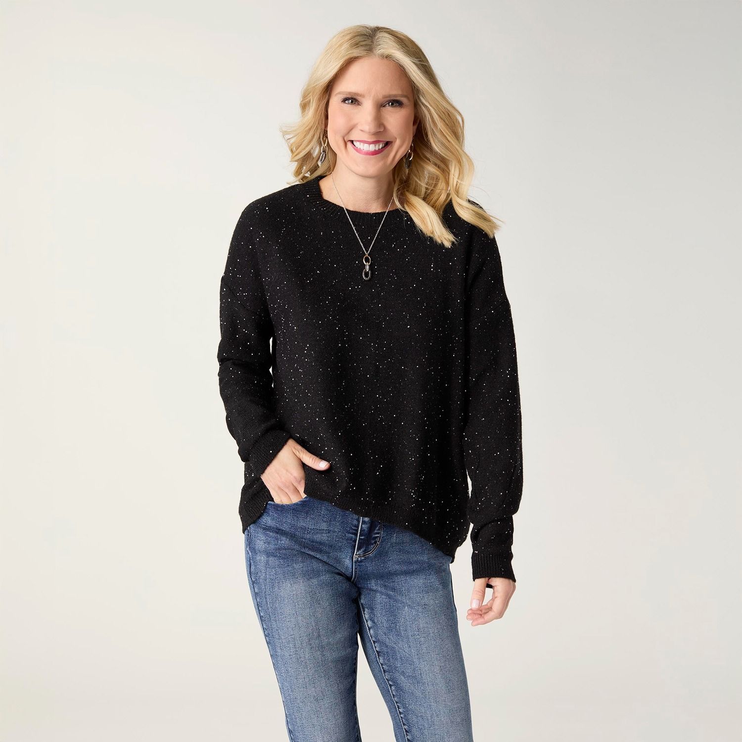Janece Crew Neck Sparkle Sweater, Color: Black, Size: Small/Medium
