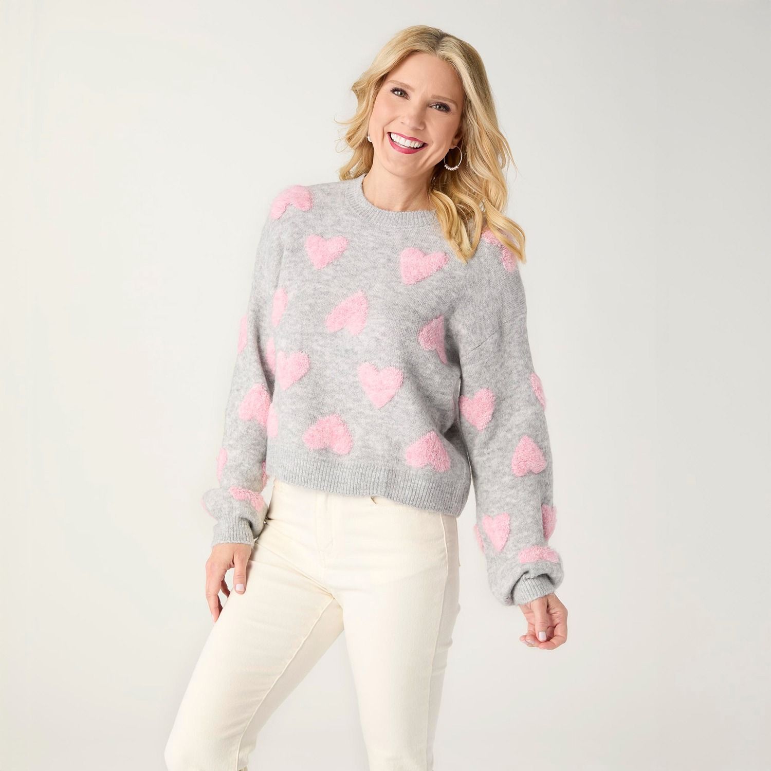 Raised Multi Heart Crew Neck Sweater, Color: Grey/Pink, Size: Small/Medium