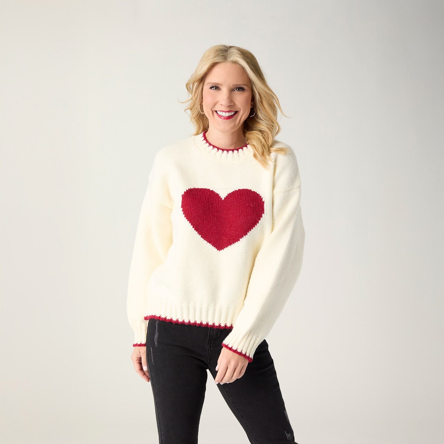 Intarsia Heart Sweater w/ Whipstitch Trim, Color: Ivory, Size: Small/Medium