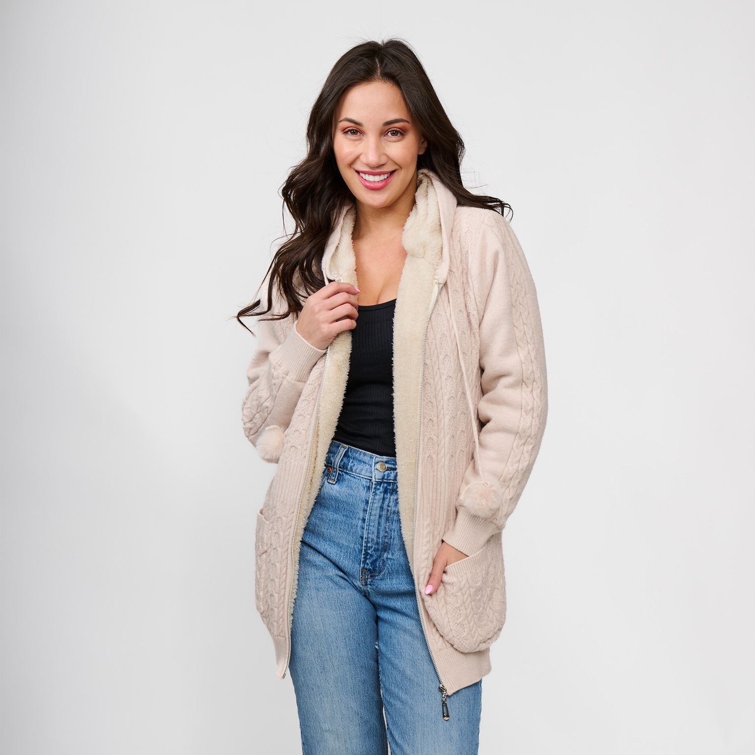 Chloe Cable Knit Zip Up Pom Hoodie, Color: Shell, Size: Large/XL