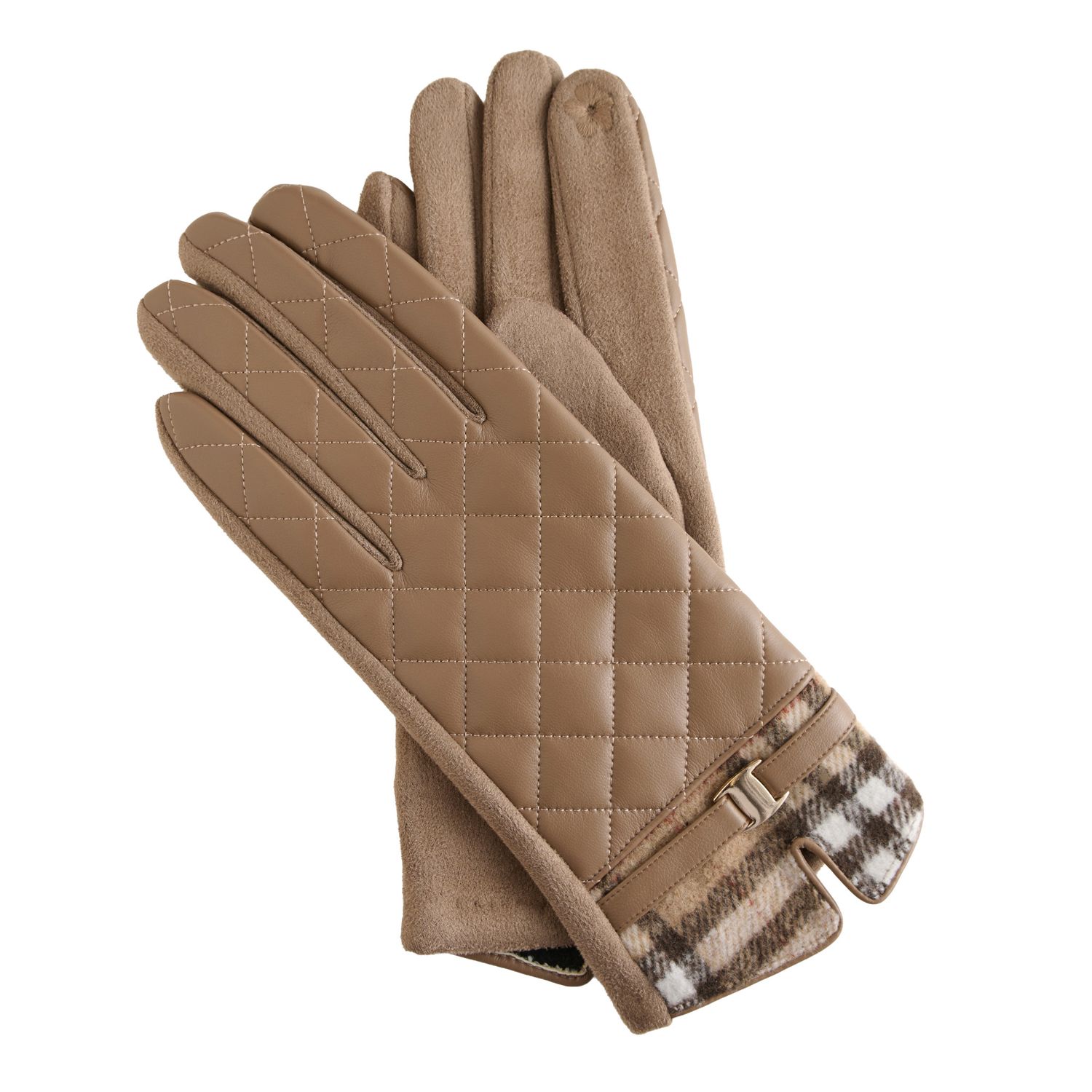 Vivi Plaid Trim Quilted Vegan Leather Gloves, Color: Tan