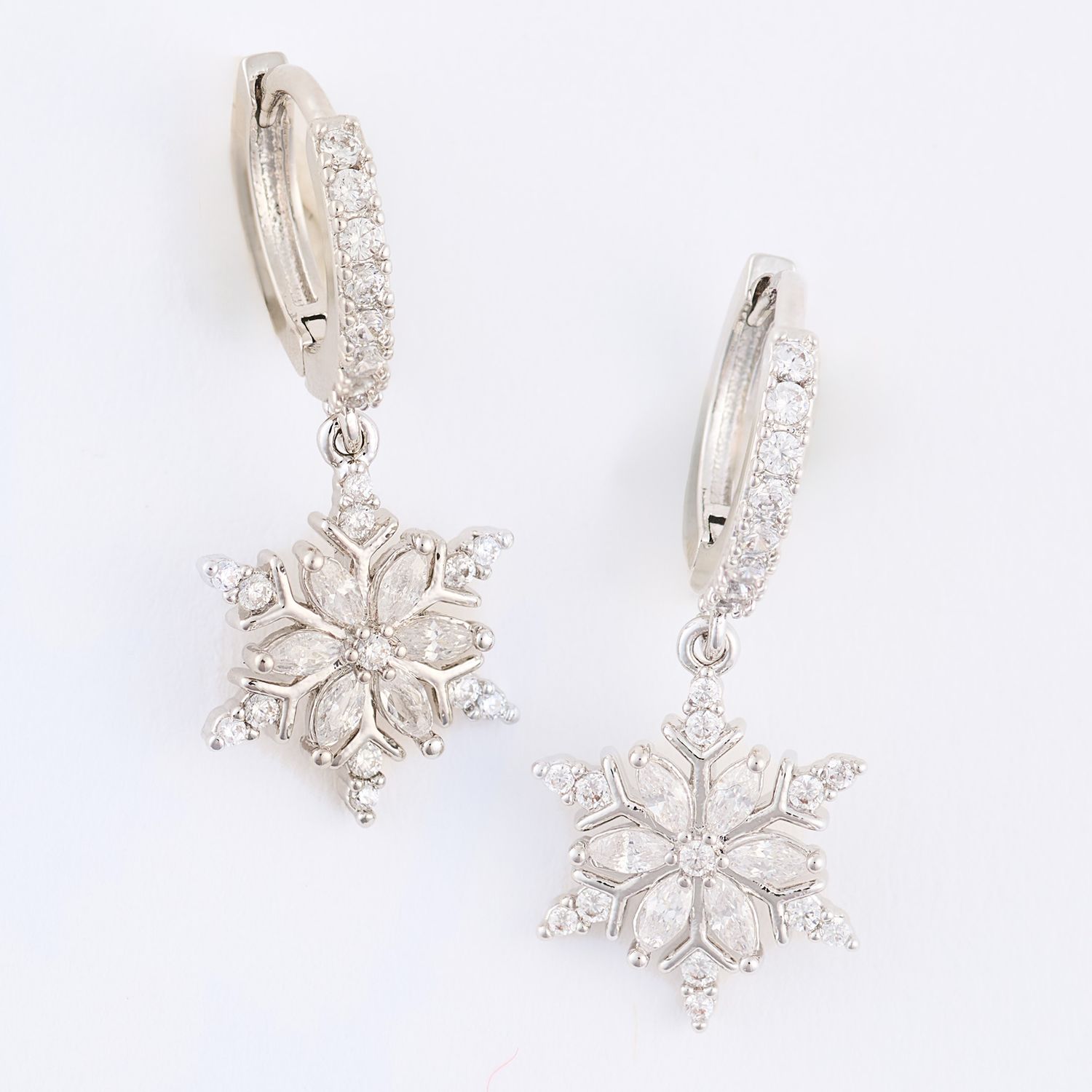 Holiday Snowflake Huggie Hoop Earrings Silver