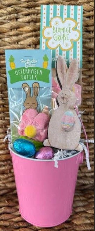 Spring Tin Bucket with Wooden Bunny