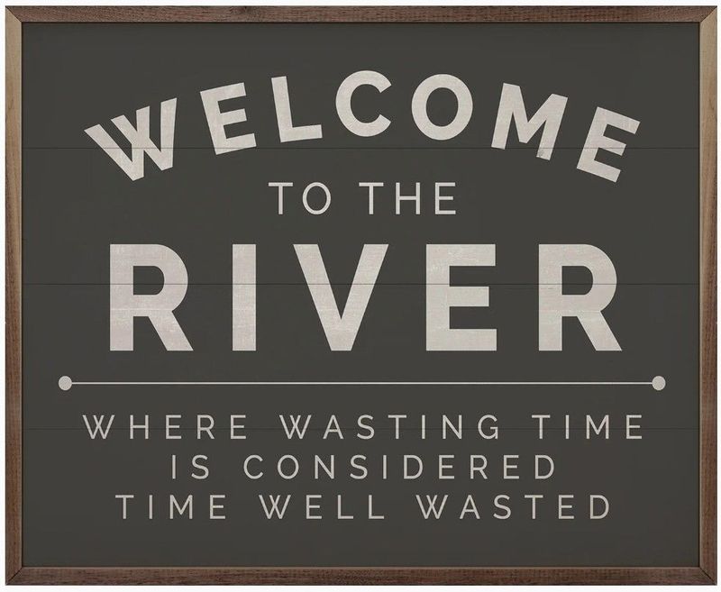 ​River-Themed Wooden Sign with Hand-Painted Face & Walnut Frame