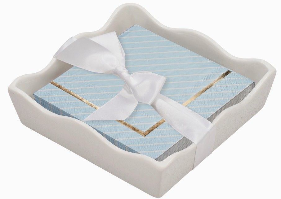 Ceramic Wave Napkin Tray with Cocktail Napkin - Everyday Sky Blue