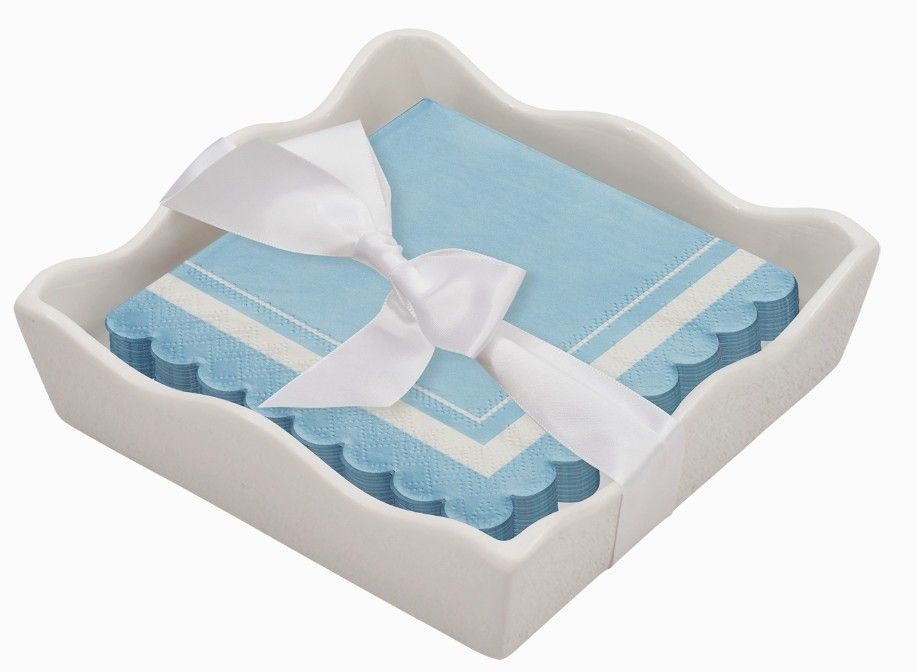 Ceramic Wave Napkin Tray with Cocktail Napkin - Scalloped Edge Sky Blue Ceramic Wave Napkin Tray with Cocktail Napkin - Scalloped Edge Sky Blue
