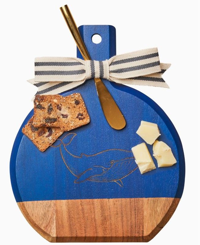 Acacia Bevel Board with Handle Blue with Ribbon & Spreader Knife | Whale | 9.75 X 8"