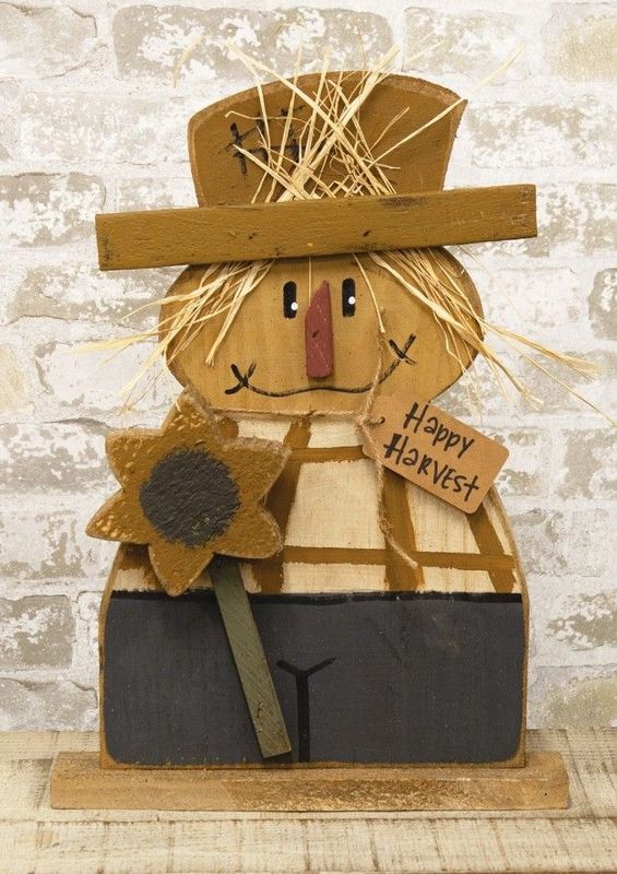 Rustic Wood Happy Harvest Flannel Shirt Scarecrow W/Sunflower